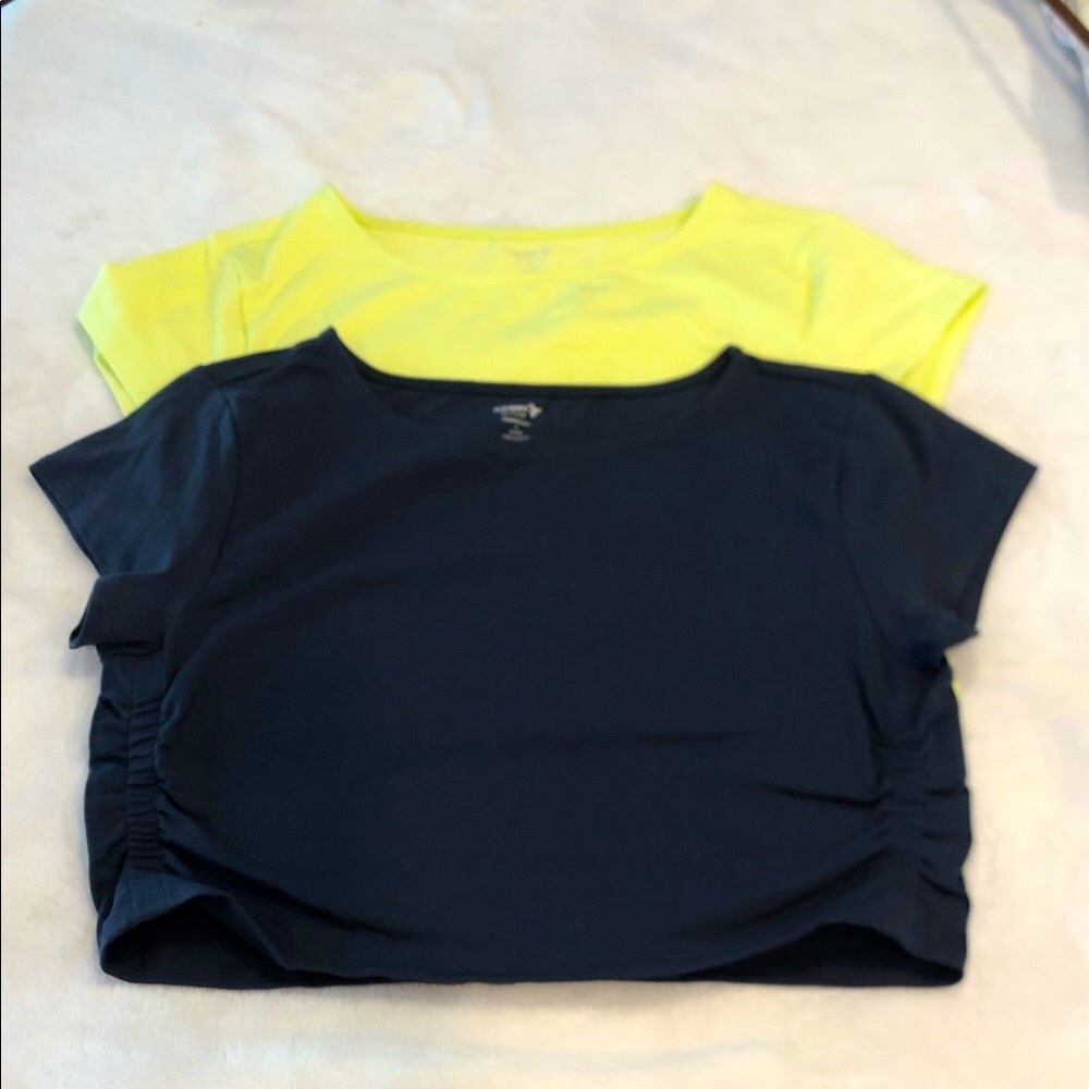 Old Navy cropped top set Navy Yellow Short Sleeve ruched sides scoop neck SZ LG
